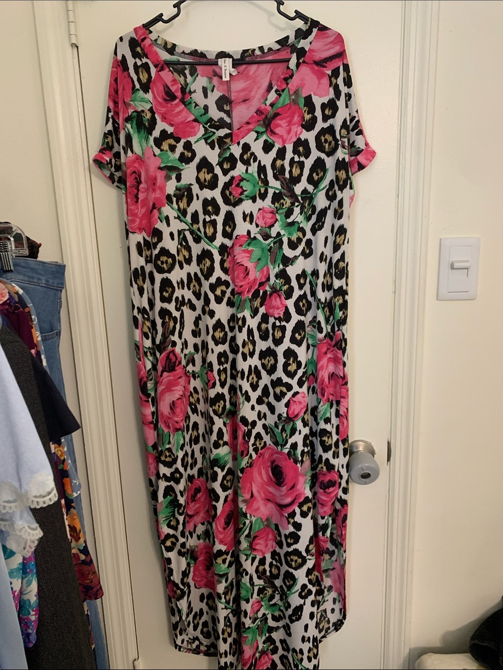 Now n Forever Leopard and Rose Floral Print Maxi V Neck Dress